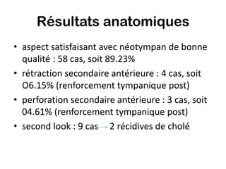 Résultats anatomiques
• aspect satisfaisant avec néotympan de bonne
  qualité : 58 cas, soit 89.23%
• rétraction secondaire antérieure : 4 cas, soit
  O6.15% (renforcement tympanique post)
• perforation secondaire antérieure : 3 cas, soit
  04.61% (renforcement tympanique post)
• second look : 9 cas 2 récidives de cholé
 