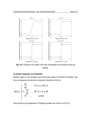Processamento Digital de Sinais - Prof. Carlos Alexandre Mello Página 119
Fig. 5.5. Fenômeno de Gibbs: Pico das ondulações nas fronteiras entre as
bandas.
2) Janela Triangular ou de Bartlett
Bartlett sugeriu uma transição mais suave para evitar o fenômeno de Gibbs. Isso
seria conseguido através de uma janela triangular da forma:








≤<−
≤≤
=
senão
MnM
M
n
Mn
M
n
nw
,0
2/,
2
2
2/0,
2
][
Essa janela e sua resposta em frequência podem ser vistas na Fig. 5.6
 
