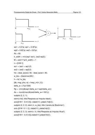 Processamento Digital de Sinais - Prof. Carlos Alexandre Mello Página 131
ws1 = 0.2*pi; wp1 = 0.35*pi;
wp2 = 0.65*pi; ws2 = 0.8*pi;
As = 60;
tr_width = min((wp1-ws1), (ws2-wp2));
M = ceil(11*pi/tr_width) + 1
n = [0:M-1];
wc1 = (ws1 + wp1)/2;
wc2 = (ws2 + wp2)/2;
hd = ideal_lp(wc2, M) - ideal_lp(wc1, M);
w_bla = (blackman(M))';
h = hd.*w_bla;
[db, mag, pha, w] = freqz_m(h, [1]);
delta_w = 2*pi/1000;
Rp = -(min(db(wp1/delta_w+1:wp2/delta_w)))
As = -round(max(db(ws2/delta_w+1:501)))
subplot (2, 2, 1);
stem(n,hd); title('Resposta ao Impulso Ideal');
axis([0 M-1 -0.4 0.5]); xlabel('n'); ylabel ('hd[n]');
subplot (2, 2, 2); stem (n, w_bla); title ('Janela de Blackman');
axis ([0 M-1 0 1.1]); xlabel('n'); ylabel('w[n]');
subplot (2, 2, 3); stem(n, h); title('Resposta ao Impulso Atual');
axis([0 M-1 -0.4 0.5]);xlabel('n');ylabel('h[n]');
 
