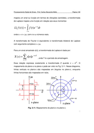 Processamento Digital de Sinais - Prof. Carlos Alexandre Mello Página 148
mapeia um sinal ou função em termos de vibrações (senóides), a transformada
de Laplace mapeia uma função em relação aos seus momentos:
∫
∞
∞−
−
= dtetftfL st
)()}({
onde s = σ + jω, com σ e ω números reais.
A transformada de Fourier é equivalente à transformada bilateral de Laplace
com argumento complexo s = jω.
Para um sinal amostrado x[n], a transformada de Laplace é dada por:
∑
∞
=
−
=
0
][)(
n
nsT
enxsX , onde T é o período de amostragem.
Essa relação expressa exatamente a transformada Z quando z = esT
. O
mapeamento do plano-s no plano-z pode ser visto na Fig. 5.11. Nesse diagrama,
linhas verticais no plano-s são mapeadas em ângulos no plano-z, enquanto
linhas horizontais são mapeadas em raios.
Fig. 5.11. Mapeamento do plano-s no plano-z.

 