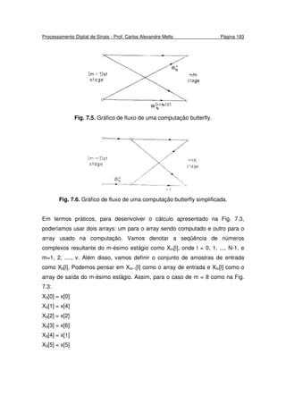 Processamento Digital de Sinais - Prof. Carlos Alexandre Mello Página 193
Fig. 7.5. Gráfico de fluxo de uma computação butterfly.
Fig. 7.6. Gráfico de fluxo de uma computação butterfly simplificada.
Em termos práticos, para desenvolver o cálculo apresentado na Fig. 7.3,
poderíamos usar dois arrays: um para o array sendo computado e outro para o
array usado na computação. Vamos denotar a seqüência de números
complexos resultante do m-ésimo estágio como Xm[l], onde l = 0, 1, ..., N-1, e
m=1, 2, ...., v. Além disso, vamos definir o conjunto de amostras de entrada
como X0[l]. Podemos pensar em Xm-1[l] como o array de entrada e Xm[l] como o
array de saída do m-ésimo estágio. Assim, para o caso de m = 8 como na Fig.
7.3:
X0[0] = x[0]
X0[1] = x[4]
X0[2] = x[2]
X0[3] = x[6]
X0[4] = x[1]
X0[5] = x[5]
 