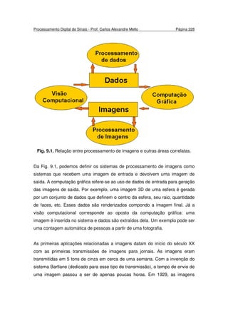 Processamento Digital de Sinais - Prof. Carlos Alexandre Mello Página 228
Fig. 9.1. Relação entre processamento de imagens e outras áreas correlatas.
Da Fig. 9.1, podemos definir os sistemas de processamento de imagens como
sistemas que recebem uma imagem de entrada e devolvem uma imagem de
saída. A computação gráfica refere-se ao uso de dados de entrada para geração
das imagens de saída. Por exemplo, uma imagem 3D de uma esfera é gerada
por um conjunto de dados que definem o centro da esfera, seu raio, quantidade
de faces, etc. Esses dados são renderizados compondo a imagem final. Já a
visão computacional corresponde ao oposto da computação gráfica: uma
imagem é inserida no sistema e dados são extraídos dela. Um exemplo pode ser
uma contagem automática de pessoas a partir de uma fotografia.
As primeiras aplicações relacionadas a imagens datam do início do século XX
com as primeiras transmissões de imagens para jornais. As imagens eram
transmitidas em 5 tons de cinza em cerca de uma semana. Com a invenção do
sistema Bartlane (dedicado para esse tipo de transmissão), o tempo de envio de
uma imagem passou a ser de apenas poucas horas. Em 1929, as imagens
 