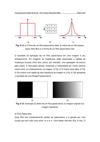 Processamento Digital de Sinais - Prof. Carlos Alexandre Mello Página 243
a) b) c)
Fig. 9.12. a) Forma de um filtro passa-baixa ideal, b) matriz de um filtro passa-
baixa (filtro Box) e c) forma de um filtro passa-baixa real.
O resultado da aplicação de um filtro passa-baixa em uma imagem é seu
embaçamento. Em imagens, as freqüências estão associadas a regiões de
mudanças bruscas entre tons (como, por exemplo, uma passagem de branco
para preto). A atenuação dessas mudanças é interpretada por nosso sistema
visual como um embaçamento na imagem. A Fig. 9.13 ilustra essa idéia. A Fig.
9.13a mostra uma região de alta freqüência da imagem e a Fig. 9.13b apresenta
o resultado de uma filtragem passa-baixa.
a) b)
Fig. 9.13. Ilustração do efeito de um filtro passa-baixa: a) imagem original e b)
imagem resultante.
2) Filtro Passa-Alta
Esse filtro tem comportamento oposto ao passa-baixa e é gerado por uma
função que tem valor zero entre –w e w e 1 fora desse intervalo (Fig. 9.14a). O
 