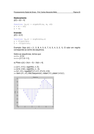 Processamento Digital de Sinais - Prof. Carlos Alexandre Mello Página 25
Deslocamento
y[n] = x[n – k]
function [y,n] = sigshift(x, m, n0)
n = m + n0;
y = x;
Inversão
y[n] = x[-n]
function [y,n] = sigfold(x,n)
y = fliplr(x);
n = -fliplr(n);
Exemplo: Seja x[n] = {1, 2, 3, 4, 5, 6, 7, 6, 5, 4, 3, 2, 1}. O valor em negrito
corresponde ao centro da sequência.
Sobre as sequências, temos que:
>> n = -2:10;
>> x = [1:7, 6:-1:1];
a) Plote x1[n] = 2x(n – 5) – 3x[n + 4].
>> [x11, n11] = sigshift(x, n, 5);
>> [x12, n12] = sigshift(x, n, -4);
>> [x1, n1] = sigadd(2*x11,n11,-3*x12, n12);
>> stem (n1, x1); title(‘Sequencia’); xlabel (‘n’); ylabel (‘x1(n)’);
 