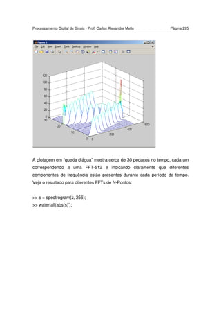 Processamento Digital de Sinais - Prof. Carlos Alexandre Mello Página 295
A plotagem em “queda d’água” mostra cerca de 30 pedaços no tempo, cada um
correspondendo a uma FFT-512 e indicando claramente que diferentes
componentes de frequência estão presentes durante cada período de tempo.
Veja o resultado para diferentes FFTs de N-Pontos:
>> s = spectrogram(z, 256);
>> waterfall(abs(s)');
 