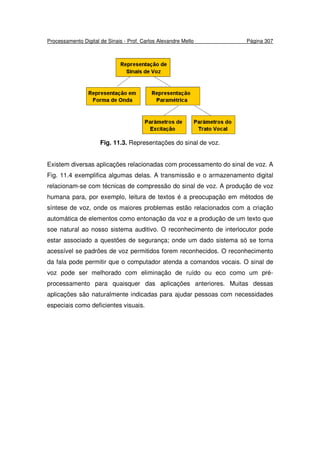 Processamento Digital de Sinais - Prof. Carlos Alexandre Mello Página 307
Fig. 11.3. Representações do sinal de voz.
Existem diversas aplicações relacionadas com processamento do sinal de voz. A
Fig. 11.4 exemplifica algumas delas. A transmissão e o armazenamento digital
relacionam-se com técnicas de compressão do sinal de voz. A produção de voz
humana para, por exemplo, leitura de textos é a preocupação em métodos de
síntese de voz, onde os maiores problemas estão relacionados com a criação
automática de elementos como entonação da voz e a produção de um texto que
soe natural ao nosso sistema auditivo. O reconhecimento de interlocutor pode
estar associado a questões de segurança; onde um dado sistema só se torna
acessível se padrões de voz permitidos forem reconhecidos. O reconhecimento
da fala pode permitir que o computador atenda a comandos vocais. O sinal de
voz pode ser melhorado com eliminação de ruído ou eco como um pré-
processamento para quaisquer das aplicações anteriores. Muitas dessas
aplicações são naturalmente indicadas para ajudar pessoas com necessidades
especiais como deficientes visuais.
 