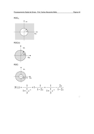 Processamento Digital de Sinais - Prof. Carlos Alexandre Mello Página 44
ROC(i)
ROC(ii)
ROC:
z
z
zzz
zX
21
2
3
1
1
1
21
1
1
3
1
1
1
)(
11 −
−
+
=
−
−+
+
=
−−

 
