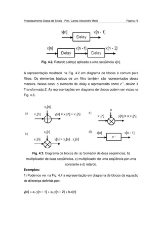 Processamento Digital de Sinais - Prof. Carlos Alexandre Mello Página 76
Fig. 4.2. Retardo (delay) aplicado a uma seqüência x[n].
A representação mostrada na Fig. 4.2 em diagrama de blocos é comum para
filtros. Os elementos básicos de um filtro também são representados dessa
maneira. Nesse caso, o elemento de delay é representado como z-1
, devido à
Transformada Z. As representações em diagrama de blocos podem ser vistas na
Fig. 4.3.
Fig. 4.3. Diagrama de blocos de: a) Somador de duas seqüências, b)
multiplicador de duas seqüências, c) multiplicador de uma seqüência por uma
constante e d) retardo.
Exemplos:
1) Podemos ver na Fig. 4.4 a representação em diagrama de blocos da equação
de diferença definida por:
y[n] = a1.y[n – 1] + a2.y[n – 2] + b.x[n]
 