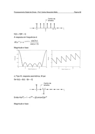 Processamento Digital de Sinais - Prof. Carlos Alexandre Mello Página 98
h[n] = h[M – n]
A resposta em frequência é:
)2/sin(
)3sin(
)( )2/5(
w
w
eeH jwjw −
=
Magnitude e fase:
c) Tipo III, resposta assimétrica, M par
Se h[n] = δ[n] - δ[n – 2]
Então H(ejw
) = 1 – e-2jw
= j[2.sin(w/2)]e-jw
Magnitude e fase:
 