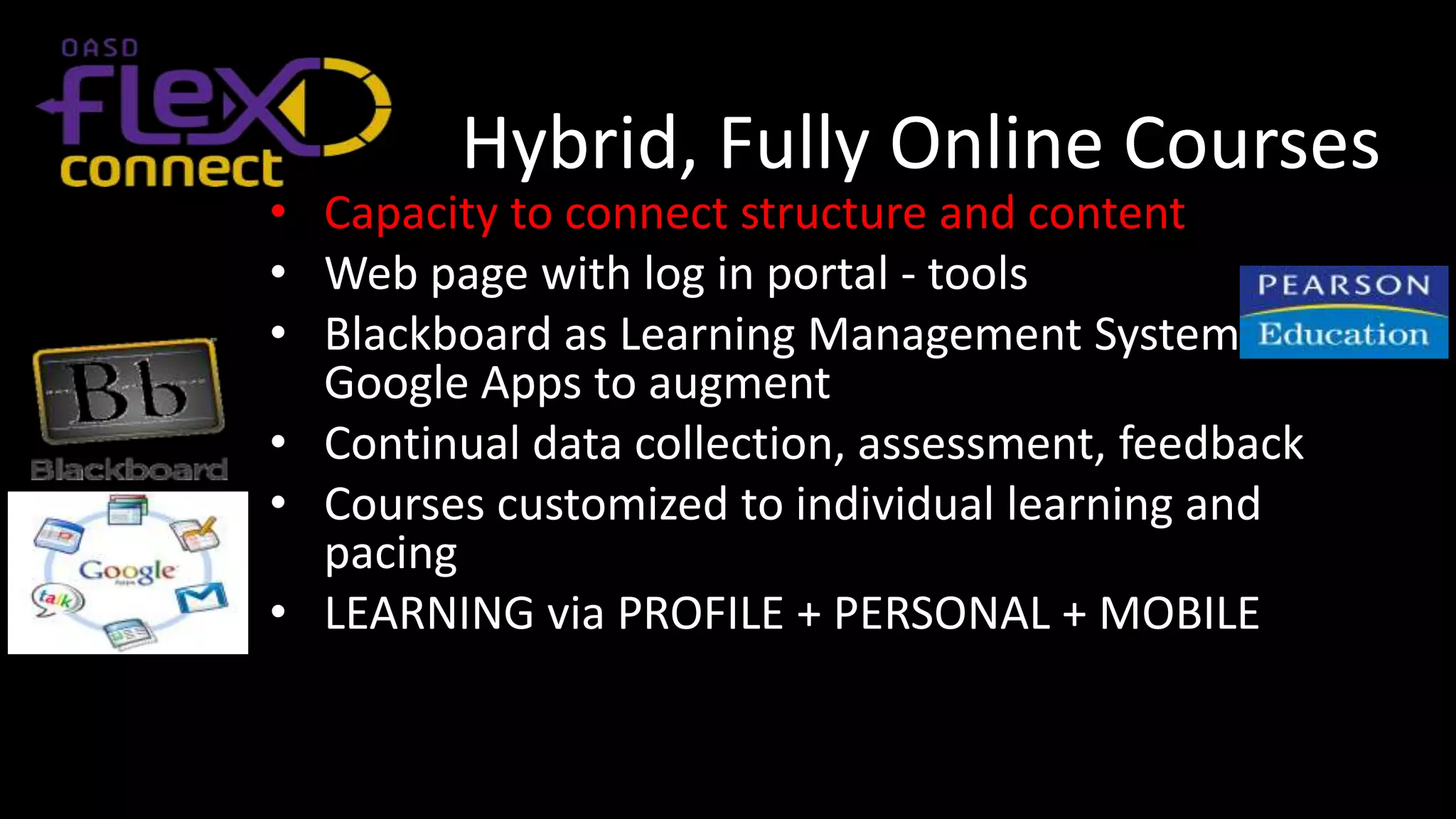 Hybrid, Fully Online Courses
• Capacity to connect structure and content
• Web page with log in portal - tools
• Blackboard as Learning Management System;
  Google Apps to augment
• Continual data collection, assessment, feedback
• Courses customized to individual learning and
  pacing
• LEARNING via PROFILE + PERSONAL + MOBILE
 