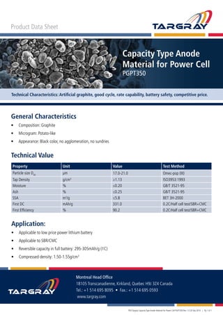 Product Data Sheet
Capacity Type Anode
Material for Power Cell
PGPT350
Technical Characteristics: Artificial graphite, good cycle, rate capability, battery safety, competitive price.
Technical Value
Property Unit Value Test Method
Particle size D50
μm 17.0-21.0 Omec-pop (III)
Tap Density g/cm3
≥1.13 ISO3953:1993
Moisture % ≤0.20 GB/T 3521-95
Ash % ≤0.25 GB/T 3521-95
SSA m2
/g ≤5.8 BET 3H-2000
First DC mAh/g 331.0 0.2C/Half cell test/SBR+CMC
First Efficiency % 90.2 0.2C/Half cell test/SBR+CMC
General Characteristics
•	 Composition: Graphite
•	 Microgram: Potato-like
•	 Appearance: Black color, no agglomeration, no sundries
Montreal Head Office
18105 Transcanadienne, Kirkland, Quebec H9J 3Z4 Canada
Tel.: +1 514 695 8095 • Fax.: +1 514 695 0593
www.targray.com
PDS Targray Capacity Type Anode Material for Power Cell PGPT350 Rev 1.0 20 Sep 2010 | Pg 1 of 1
Application:
•	 Applicable to low price power lithium battery
•	 Applicable to SBR/CMC
•	 Reversible capacity in full battery: 295-305mAh/g (1C)
•	 Compressed density: 1.50-1.55g/cm3
 