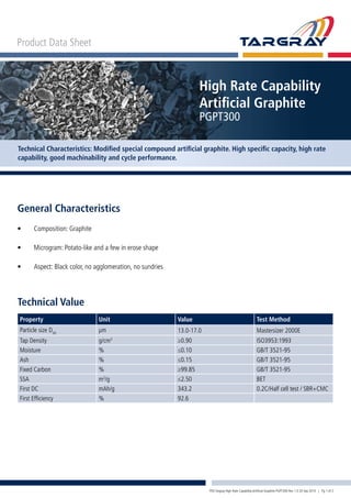 Product Data Sheet
High Rate Capability
Artificial Graphite
PGPT300
Technical Characteristics: Modified special compound artificial graphite. High specific capacity, high rate
capability, good machinability and cycle performance.
Technical Value
Property Unit Value Test Method
Particle size D50
μm 13.0-17.0 Mastersizer 2000E
Tap Density g/cm3
≥0.90 ISO3953:1993
Moisture % ≤0.10 GB/T 3521-95
Ash % ≤0.15 GB/T 3521-95
Fixed Carbon % ≥99.85 GB/T 3521-95
SSA m2
/g ≤2.50 BET
First DC mAh/g 343.2 0.2C/Half cell test / SBR+CMC
First Efficiency % 92.6
General Characteristics
•	 Composition: Graphite
•	 Microgram: Potato-like and a few in erose shape
•	 Aspect: Black color, no agglomeration, no sundries
PDS Targray High Rate Capability Artificial Graphite PGPT300 Rev 1.0 20 Sep 2010 | Pg 1 of 2
 