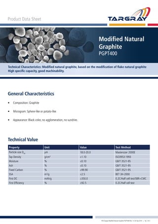 Product Data Sheet
Modified Natural
Graphite
PGPT400
Technical Characteristics: Modified natural graphite, based on the modification of flake natural graphite
High specific capacity, good machinability.
Technical Value
Property Unit Value Test Method
Particle size D50
μm 18.0-20.0 Mastersizer 2000E
Tap Density g/cm3
≥1.10 ISO3953:1993
Moisture % ≤0.10 GB/T 3521-95
Ash % ≤0.10 GB/T 3521-95
Fixed Carbon % ≥99.90 GB/T 3521-95
SSA m2
/g ≤2.5 BET 3H-2000
First DC mAh/g ≥350.0 0.2C/Half cell test/SBR+CMC
First Efficiency % ≥92.5 0.2C/Half cell test
General Characteristics
•	 Composition: Graphite
•	 Microgram: Sphere-like or potato-like
•	 Appearance: Black color, no agglomeration, no sundries
PDS Targray Modified Natural Graphite PGPT400 Rev 1.0 20 Sep 2010 | Pg 1 of 2
 