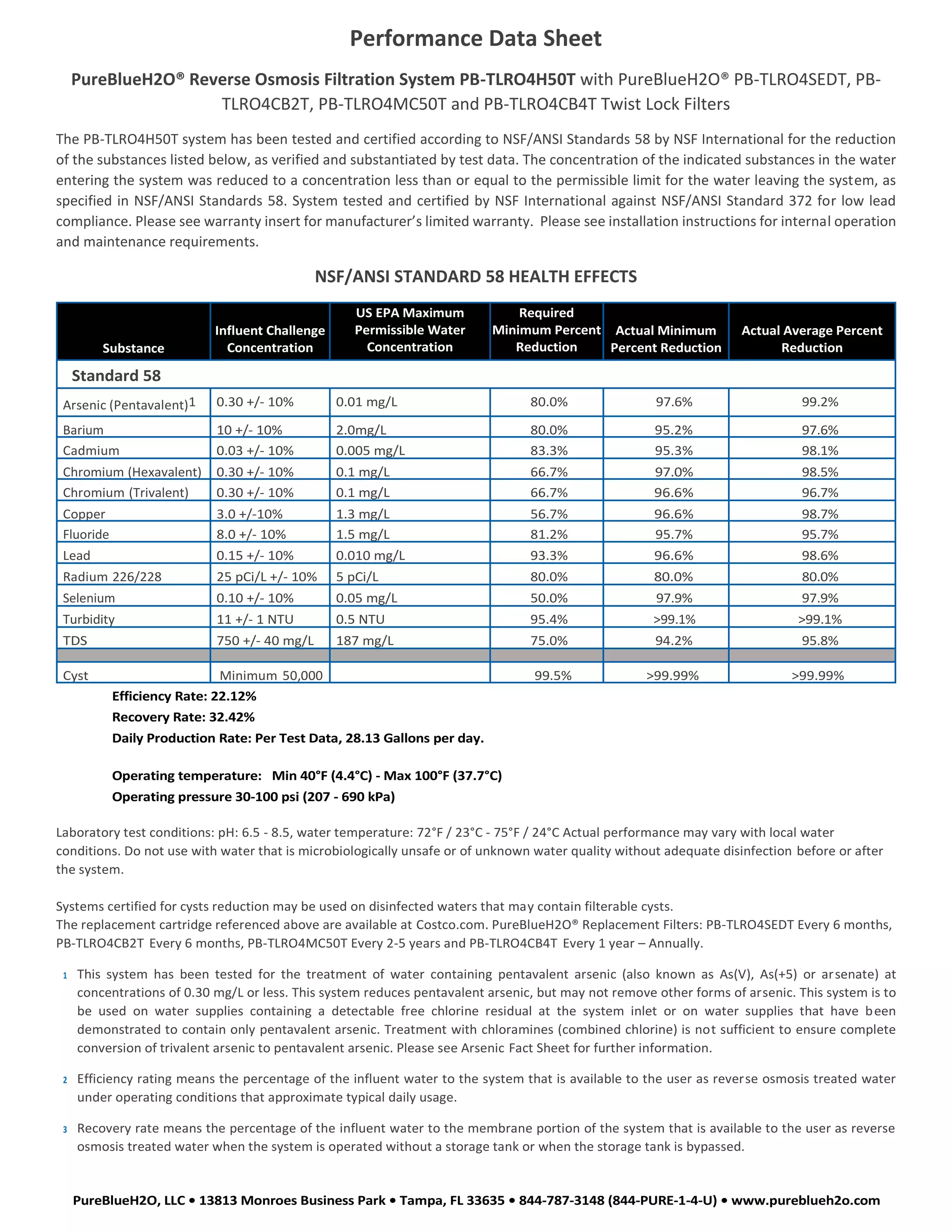 Pds pure blueh2o pbtlro4h50t performance data sheet 2272015 PDF