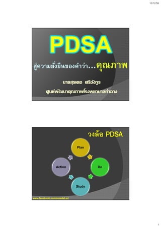 10/12/56

นายสุ
นายสุรเดช ศรีอังกูร
ศูนย์พัฒนาคุณภาพโรงพยาบาลท่าฉาง

วงล้ อ PDSA
Plan

Action

Do

Study

www.facebook.com/suradet.sri

1

 