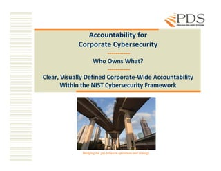 Accountability for 
Corporate Cybersecurity
‐‐‐‐‐‐‐‐‐‐‐‐‐‐‐‐‐‐‐‐‐‐
Who Owns What?
‐‐‐‐‐‐‐‐‐‐‐
l ll f d d b lClear, Visually Defined Corporate‐Wide Accountability
Within the NIST Cybersecurity Framework
Bridging the gap between operations and strategy
 