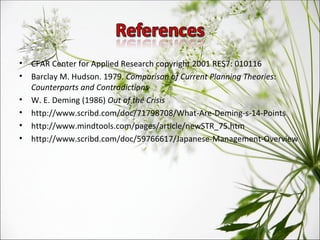 CFAR Center for Applied Research copyright 2001 RES7: 010116 Barclay M. Hudson. 1979.  Comparison of Current Planning Theories: Counterparts and Contradictions   W. E. Deming (1986)  Out of the Crisis http://www.scribd.com/doc/71798708/What-Are-Deming-s-14-Points http://www.mindtools.com/pages/article/newSTR_75.htm http://www.scribd.com/doc/59766617/Japanese-Management-Overview 