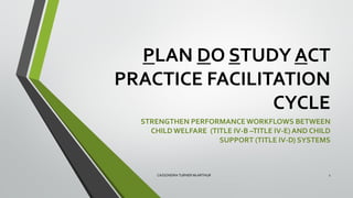PLAN DO STUDY ACT
PRACTICE FACILITATION
CYCLE
STRENGTHEN PERFORMANCEWORKFLOWS BETWEEN
CHILD WELFARE (TITLE IV-B –TITLE IV-E) AND CHILD
SUPPORT (TITLE IV-D) SYSTEMS
CASSONDRA TURNER McARTHUR 1
 