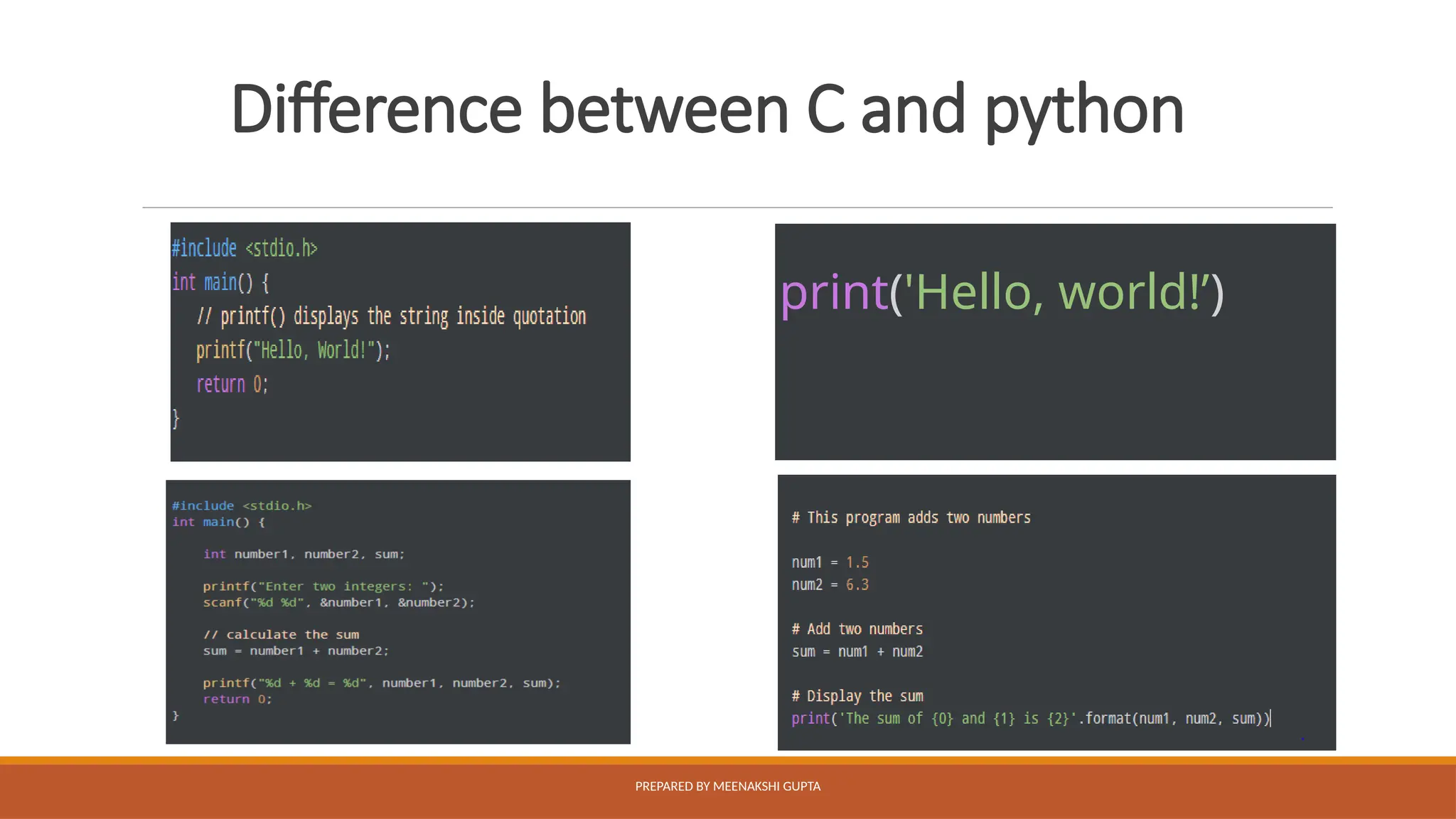 Difference between C and python
PREPARED BY MEENAKSHI GUPTA
print('Hello, world!’)
 