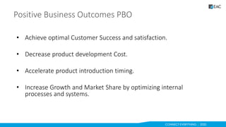 Positive Business Outcomes PBO
• Achieve optimal Customer Success and satisfaction.
• Decrease product development Cost.
• Accelerate product introduction timing.
• Increase Growth and Market Share by optimizing internal
processes and systems.
 
