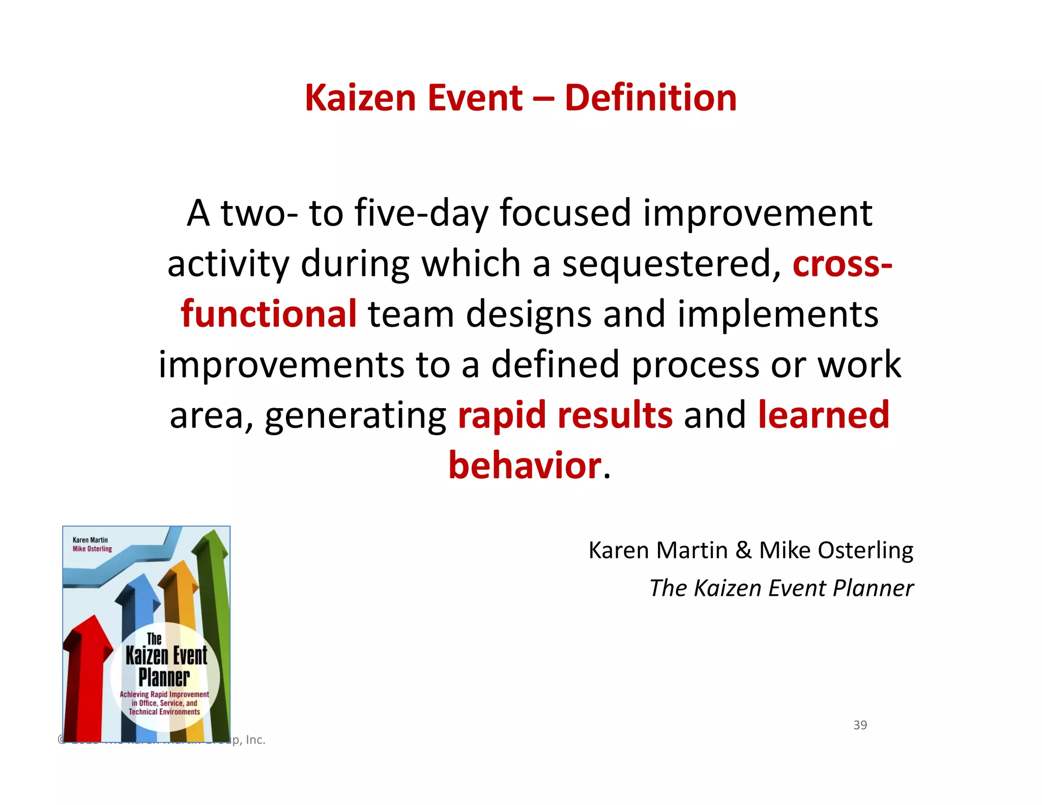 © 2013 The Karen Martin Group, Inc.
Kaizen Event – Definition
A two- to five-day focused improvement
activity during which a sequestered, cross-
functional team designs and implements
improvements to a defined process or work
area, generating rapid results and learned
behavior.
Karen Martin & Mike Osterling
The Kaizen Event Planner
39
 