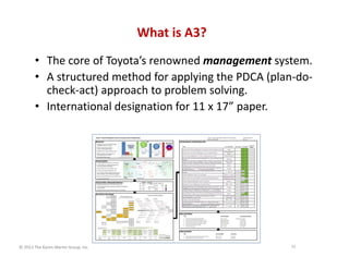 © 2013 The Karen Martin Group, Inc.
What is A3?
• The core of Toyota’s renowned management system.
• A structured method f...