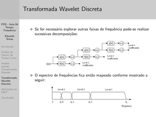 PDS - Aula 04 
Tempo- 
Frequ^encia 
Eduardo 
Simas 
Introduc~ao 
Analise de 
Fourier de 
Tempo Curto 
Analise 
usando 
Transformada 
Wavelet 
Transformada 
Wavelet 
Discreta 
Aplicac~oes da 
DWT 
Conclus~oes 
Espectrograma do sinal y1 
 