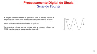 Processamento Digital de Sinais
11
Série de Fourier
A função cosseno também é periódica, com o mesmo período e
amplitude que o seno, mas é deslocada de π/2 em relação ao seno.
Isso é fácil de constatar examinando os gráficos.
Tecnicamente, diz-se que as funções seno e cosseno diferem na
FASE e a diferença de fase entre elas é de π/2.
 
