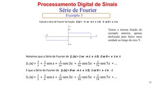Processamento Digital de Sinais
40
Série de Fourier
Exemplo 3
Temos a mesma função do
exemplo anterior, apenas
deslocada para baixo meia
unidade ao longo do eixo Y.
 