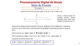 Processamento Digital de Sinais
41
Série de Fourier
Exemplo 3
Temos a mesma função do
exemplo anterior, apenas
deslocada para baixo meia
unidade ao longo do eixo Y.
 