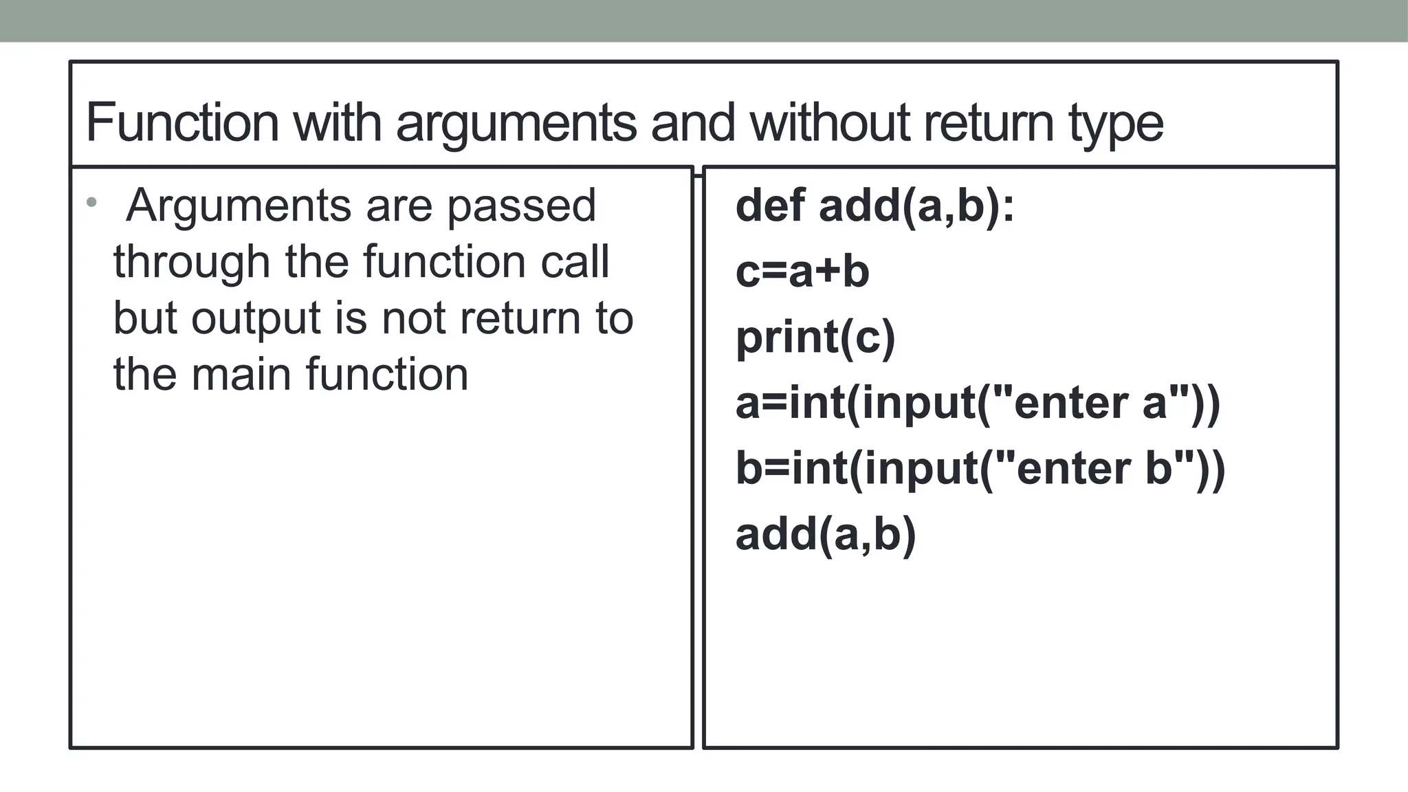 Function with arguments and without return type
• Arguments are passed
through the function call
but output is not return to
the main function
def add(a,b):
c=a+b
print(c)
a=int(input("enter a"))
b=int(input("enter b"))
add(a,b)
 