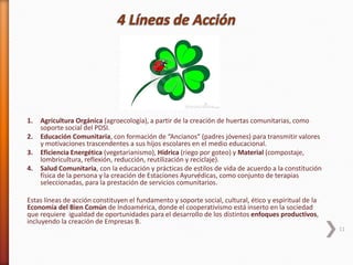 1. Agricultura Orgánica (agroecología), a partir de la creación de huertas comunitarias, como
soporte social del PDSI.
2. Educación Comunitaria, con formación de “Ancianos” (padres jóvenes) para transmitir valores
y motivaciones trascendentes a sus hijos escolares en el medio educacional.
3. Eficiencia Energética (vegetarianismo), Hídrica (riego por goteo) y Material (compostaje,
lombricultura, reflexión, reducción, reutilización y reciclaje).
4. Salud Comunitaria, con la educación y prácticas de estilos de vida de acuerdo a la constitución
física de la persona y la creación de Estaciones Ayurvédicas, como conjunto de terapias
seleccionadas, para la prestación de servicios comunitarios.
Estas líneas de acción constituyen el fundamento y soporte social, cultural, ético y espiritual de la
Economía del Bien Común de Indoamérica, donde el cooperativismo está inserto en la sociedad
que requiere igualdad de oportunidades para el desarrollo de los distintos enfoques productivos,
incluyendo la creación de Empresas B.
11
 