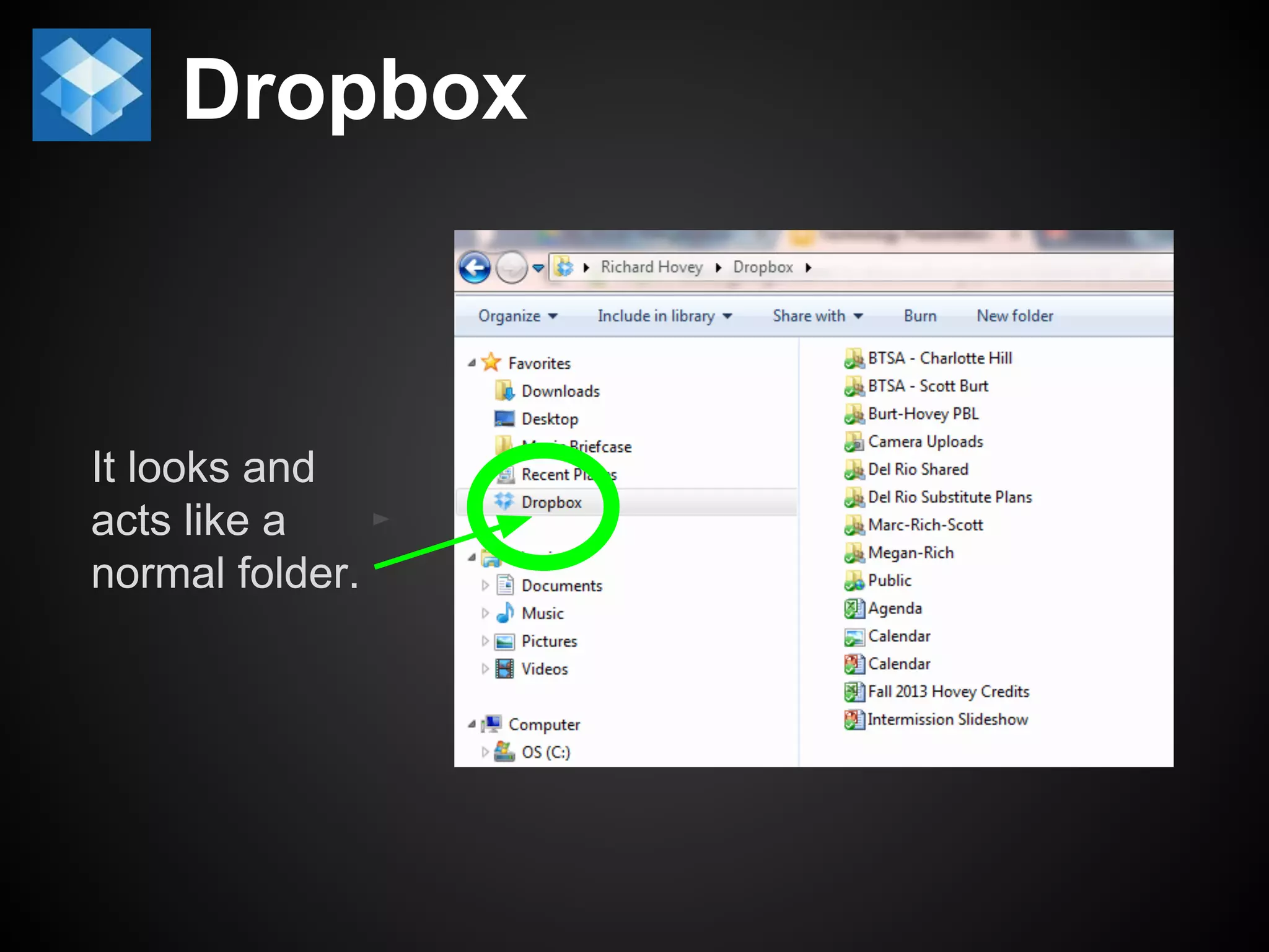 Dropbox 
It looks and 
acts like a 
normal folder. 
 