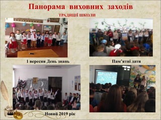 Панорама виховних заходів
ТРАДИЦІЇ ШКОЛИ
Новий 2019 рік
1 вересня День знань Пам’ятні дати
 