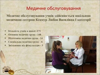 Медичне обслуговування
Медичне обслуговування учнів здійснюється шкільною
медичною сестрою Кецмур Любов Василівна І категорії
 Кількість учнів в школі -171
 Основна медична група - 148
 Підготовча медична група - 14
 Спеціальна медична група – 6
 Звільнених від фізкультури - 3
 