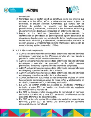 comunidad.
2. Garantizar que el sector salud se constituya como un entorno que
reconozca a las niñas, niños y adolescentes como sujetos de
derechos, al proveer atención humanizada que cumpla con los
atributos de calidad, de acuerdo con las particularidades
poblacionales y territoriales, y orientada a los resultados en salud y
al acortamiento de brechas de inequidad en el territorio nacional.
3. Lograr en los territorios (municipios y departamentos) la
identificación de prioridades de política pública a partir del análisis de
situación de los derechos y el seguimiento de los resultados en salud
de las niñas, los niños y adolescentes, fortaleciendo los procesos de
gestión, análisis y retroalimentación de la información, generación de
conocimiento y vigilancia en salud pública.
8.1.4.1.3 Metas del componente
a. A 2015 se habrá implementado en todo el territorio nacional el marco
estratégico y operativo de los Primeros mil días de vida, desde la
gestación hasta cumplir los dos años de vida.
b. A 2015 se habrá implementado en todo el territorio nacional el marco
estratégico y operativo de promoción de la salud materna,
prevención, atención y vigilancia de las anomalías congénitas.
c. A 2017 se habrá implementado en todo el territorio nacional el marco
estratégico y operativonde salud de la infancia.
d. A 2017 se habrá implementado en todo el territorio nacional el marco
estratégico y operativonde salud de la adolescencia.
e. A 2021, al menos el 80% de los planes territoriales anuales en salud,
habrán tenido participación activa de niñas, niños y adolescentes en
su diseño, implementación, monitoreo y evaluación.
f. En 2015 se tendrán metas diferenciales de mortalidad infantilnpor
territorio; y para 2021 se tendrá una disminución del gradiente
diferencial de esta mortalidad.
g. En 2015 se tendrán metas diferenciales de mortalidad en menores
de 5 años por territorio; y para 2021 se tendrá una disminución del
gradiente diferencial de esta mortalidad.
h. En 2015 se tendrán metas diferenciales de mortalidad neonatal por
territorio; y para 2021 se tendrá una disminución del gradiente
diferencial de esta mortalidad.n
 