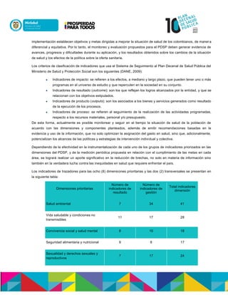 implementación establecen objetivos y metas dirigidas a mejorar la situación de salud de los colombianos, de manera
diferencial y equitativa. Por lo tanto, el monitoreo y evaluación propuestos para el PDSP deben generar evidencia de
avances, progresos y dificultades durante su aplicación, y los resultados obtenidos sobre los cambios de la situación
de salud y los efectos de la política sobre la oferta sanitaria.
Los criterios de clasificación de indicadores que usa el Sistema de Seguimiento al Plan Decenal de Salud Pública del
Ministerio de Salud y Protección Social son los siguientes (DANE, 2009):
 Indicadores de impacto: se refieren a los efectos, a mediano y largo plazo, que pueden tener uno o más
programas en el universo de estudio y que repercuten en la sociedad en su conjunto.
 Indicadores de resultado (outcome): son los que reflejan los logros alcanzados por la entidad, y que se
relacionan con los objetivos estipulados.
 Indicadores de producto (outputs): son los asociados a los bienes y servicios generados como resultado
de la ejecución de los procesos.
 Indicadores de proceso: se refieren al seguimiento de la realización de las actividades programadas,
respecto a los recursos materiales, personal y/o presupuesto.
De esta forma, actualmente es posible monitorear y seguir en el tiempo la situación de salud de la población de
acuerdo con las dimensiones y componentes planteados, además de emitir recomendaciones basadas en la
evidencia y uso de la información, que no solo optimizan la asignación del gasto en salud, sino que, adicionalmente,
potencializan los alcances de las políticas y estrategias de intervención individual y colectiva.
Dependiendo de la efectividad en la instrumentalización de cada uno de los grupos de indicadores priorizados en las
dimensiones del PDSP, y de la medición periódica propuesta en relación con el cumplimiento de las metas en cada
área, se logrará realizar un aporte significativo en la reducción de brechas, no solo en materia de información sino
también en la verdadera lucha contra las inequidades en salud que requiere enfrentar el país.
Los indicadores de trazadores para las ocho (8) dimensiones prioritarias y las dos (2) transversales se presentan en
la siguiente tabla:
Dimensiones prioritarias
Número de
indicadores de
resultado
Número de
indicadores de
gestión
Total indicadores
dimensión
Salud ambiental 7 34 41
Vida saludable y condiciones no
transmisibles
11 17 28
Convivencia social y salud mental 8 10 18
Seguridad alimentaria y nutricional 9 8 17
Sexualidad y derechos sexuales y
reproductivos
7 17 24
 