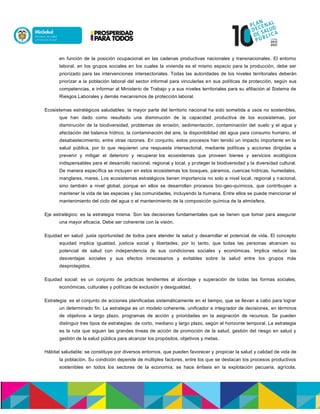 en función de la posición ocupacional en las cadenas productivas nacionales y transnacionales. El entorno
laboral, en los grupos sociales en los cuales la vivienda es el mismo espacio para la producción, debe ser
priorizado para las intervenciones intersectoriales. Todas las autoridades de los niveles territoriales deberán
priorizar a la población laboral del sector informal para vincularlas en sus políticas de protección, según sus
competencias, e informar al Ministerio de Trabajo y a sus niveles territoriales para su afiliación al Sistema de
Riesgos Laborales y demás mecanismos de protección laboral.
Ecosistemas estratégicos saludables: la mayor parte del territorio nacional ha sido sometida a usos no sostenibles,
que han dado como resultado una disminución de la capacidad productiva de los ecosistemas, por
disminución de la biodiversidad, problemas de erosión, sedimentación, contaminación del suelo y el agua y
afectación del balance hídrico, la contaminación del aire, la disponibilidad del agua para consumo humano, el
desabastecimiento, entre otras razones. En conjunto, estos procesos han tenido un impacto importante en la
salud pública, por lo que requieren una respuesta intersectorial, mediante políticas y acciones dirigidas a
prevenir y mitigar el deterioro y recuperar los ecosistemas que proveen bienes y servicios ecológicos
indispensables para el desarrollo nacional, regional y local, y proteger la biodiversidad y la diversidad cultural.
De manera específica se incluyen en estos ecosistemas los bosques, páramos, cuencas hídricas, humedales,
manglares, mares. Los ecosistemas estratégicos tienen importancia no solo a nivel local, regional y nacional,
sino también a nivel global, porque en ellos se desarrollan procesos bio-geo-químicos, que contribuyen a
mantener la vida de las especies y las comunidades, incluyendo la humana. Entre ellos se puede mencionar el
mantenimiento del ciclo del agua o el mantenimiento de la composición química de la atmósfera.
Eje estratégico: es la estrategia misma. Son las decisiones fundamentales que se tienen que tomar para asegurar
una mayor eficacia. Debe ser coherente con la visión.
Equidad en salud: justa oportunidad de todos para atender la salud y desarrollar el potencial de vida. El concepto
equidad implica igualdad, justicia social y libertades; por lo tanto, que todas las personas alcancen su
potencial de salud con independencia de sus condiciones sociales y económicas. Implica reducir las
desventajas sociales y sus efectos innecesarios y evitables sobre la salud entre los grupos más
desprotegidos.
Equidad social: es un conjunto de prácticas tendientes al abordaje y superación de todas las formas sociales,
económicas, culturales y políticas de exclusión y desigualdad.
Estrategia: es el conjunto de acciones planificadas sistemáticamente en el tiempo, que se llevan a cabo para lograr
un determinado fin. La estrategia es un modelo coherente, unificador e integrador de decisiones, en términos
de objetivos a largo plazo, programas de acción y prioridades en la asignación de recursos. Se pueden
distinguir tres tipos de estrategias: de corto, mediano y largo plazo, según el horizonte temporal. La estrategia
es la ruta que siguen las grandes líneas de acción de promoción de la salud, gestión del riesgo en salud y
gestión de la salud pública para alcanzar los propósitos, objetivos y metas.
Hábitat saludable: se constituye por diversos entornos, que pueden favorecer y propiciar la salud y calidad de vida de
la población. Su condición depende de múltiples factores, entre los que se destacan los procesos productivos
sostenibles en todos los sectores de la economía; se hace énfasis en la explotación pecuaria, agrícola,
 