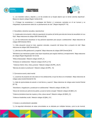 “[…] se necesitan cultura y deporte [...] en las zonales de La Guajira dijeron que no tenían canchas deportivas”.
Mapas de relación códigos Región Caribe [2:44]
“[…] Proteger los ecosistemas [...] estrategias del Distrito [...] consensos centrados en el ser humano y su
integralidad; el planeamiento debe ser un planteamiento de vida”. (Región Bogotá [P7 7:6]
2 Sexualidad y derechos sexuales y reproductivos
“[...] inadecuada comunicación y falta de capacitación de padres de familia para abordar temas de sexualidad con sus
hijos”. Mapa relaciones de códigos SSR Oriental [5:38]
“[...] en las instituciones educativas no hay personal capacitado para apoyar a adolescentes”. Mapa relaciones de
códigos SSR Oriental [166:5]
“[...] falta educación sexual en todo, aspectos culturales, ocupación del tiempo libre y proyecto de vida”. Mapa
relaciones de códigos SSR Oriental [94:3]
“[...] alta tasa de sífilis gestacional y congénita”. Mapa relaciones de códigos SSR Oriental [26:4]
“Ministerios que interactúan pueden crear leyes impositivas para regular dinámica y envejecimiento”. Mapa relaciones
de códigos Región Bogotá [QU1:34 23:23]
“Niñas embarazadas”. Relación códigos UD [FC_7]
“Embarazo en adolescentes”. Relación códigos UD [FC_8-10]
“Violencia infantil, niños, niñas y jóvenes”. Relación códigos UD [PRI_ 26,27]
“Menores de edad en prostitución”. Relación códigos UD [PRI_ 15]
3 Convivencia social y salud mental
“[...] ausencia de proyectos de vida claros en los adolescentes, el que los lleva a la inmediatez”. Mapa relaciones de
códigos salud mental Oriental124:18]
“[...] falta de oportunidades de estudio a nivel técnico y superior”. Mapa relaciones de códigos salud mental Oriental
[91:16]
“Alcoholismo, drogadicción y prostitución en adolescentes”. Relación códigos UD [BAI_127]
“Abuso de menores por parte de los padres, ya sea la mamá o el papá”. Relación códigos UD [BAC_21]
“Violencia doméstica hacia las mujeres y niños, abuso sexual”. Relación códigos UD [BAC_21]
“Violencia intrafamiliar oculta”. Relación códigos UD [BAI_131]
4 Acceso a una alimentación saludable
“[...] la seguridad alimentaria de estas comunidades se ve afectada por múltiples factores, como la ola invernal;
 