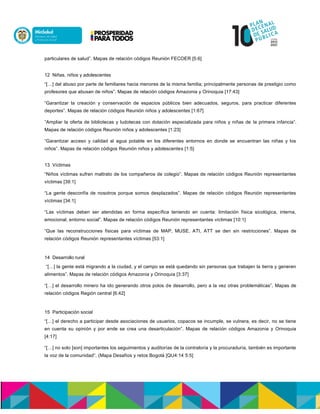 particulares de salud”. Mapas de relación códigos Reunión FECOER [5:6]
12 Niñas, niños y adolescentes
“[…] del abuso por parte de familiares hacia menores de la misma familia; principalmente personas de prestigio como
profesores que abusan de niños”. Mapas de relación códigos Amazonia y Orinoquia [17:43]
“Garantizar la creación y conservación de espacios públicos bien adecuados, seguros, para practicar diferentes
deportes”. Mapas de relación códigos Reunión niños y adolescentes [1:67]
“Ampliar la oferta de bibliotecas y ludotecas con dotación especializada para niños y niñas de la primera infancia”.
Mapas de relación códigos Reunión niños y adolescentes [1:23]
“Garantizar acceso y calidad al agua potable en los diferentes entornos en donde se encuentran las niñas y los
niños”. Mapas de relación códigos Reunión niños y adolescentes [1:5]
13 Víctimas
“Niños víctimas sufren maltrato de los compañeros de colegio”. Mapas de relación códigos Reunión representantes
víctimas [39:1]
“La gente desconfía de nosotros porque somos desplazados”. Mapas de relación códigos Reunión representantes
víctimas [34:1]
“Las víctimas deben ser atendidas en forma específica teniendo en cuenta: limitación física sicológica, interna,
emocional, entorno social”. Mapas de relación códigos Reunión representantes víctimas [10:1]
“Que las reconstrucciones físicas para víctimas de MAP, MUSE, ATI, ATT se den sin restricciones”. Mapas de
relación códigos Reunión representantes víctimas [53:1]
14 Desarrollo rural
“[…] la gente está migrando a la ciudad, y el campo se está quedando sin personas que trabajen la tierra y generen
alimentos”. Mapas de relación códigos Amazonia y Orinoquia [3:37]
“[…] el desarrollo minero ha ido generando otros polos de desarrollo, pero a la vez otras problemáticas”. Mapas de
relación códigos Región central [6:42]
15 Participación social
“[…] el derecho a participar desde asociaciones de usuarios, copacos se incumple, se vulnera, es decir, no se tiene
en cuenta su opinión y por ende se crea una desarticulación”. Mapas de relación códigos Amazonia y Orinoquia
[4:17]
“[…] no solo [son] importantes los seguimientos y auditorías de la contraloría y la procuraduría, también es importante
la voz de la comunidad”. (Mapa Desafíos y retos Bogotá [QU4:14 5:5]
 