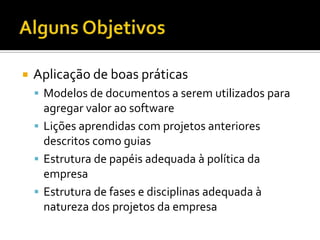 Alguns ObjetivosAplicação de boas práticasModelos de documentos a seremutilizadosparaagregar valor ao softwareLiçõesaprendidas com projetosanterioresdescritoscomoguiasEstrutura de papéisadequada à política da empresaEstrutura de fases e disciplinasadequada à natureza dos projetos da empresa