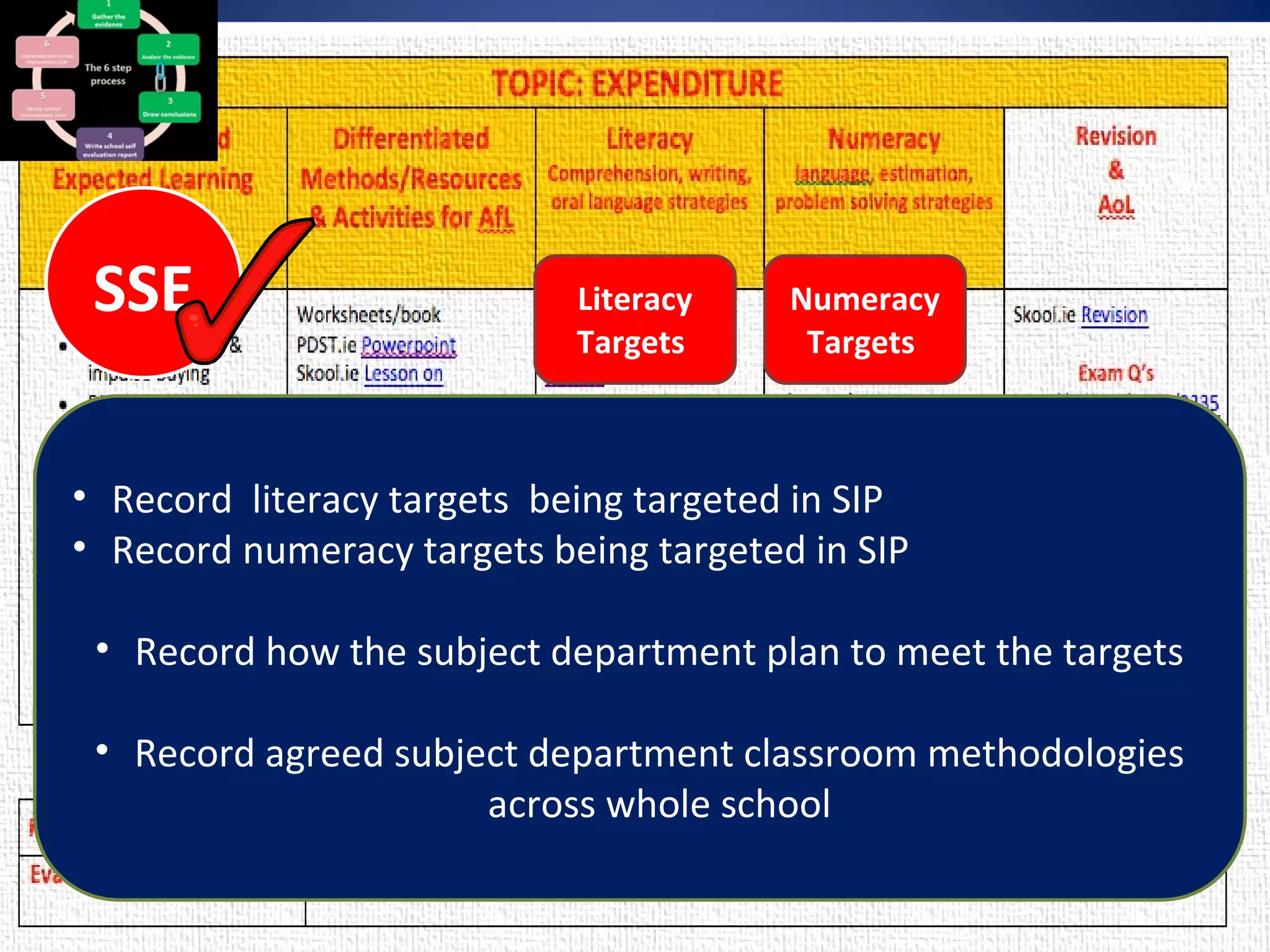 Subject Dept. Plans & DEIS Targets 
9 
Numeracy 
Targets 
Communication 
Skills/Speaking & 
Listening Skills 
Literacy 
Targets 
• Record literacy targets being targeted in SIP 
• Record numeracy targets being targeted in SIP 
• Record how the subject department plan to meet the targets 
• Record agreed subject department classroom methodologies 
across whole school 
SSE 
 