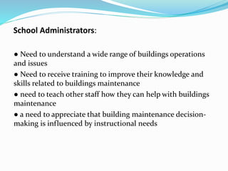 School Administrators:
● Need to understand a wide range of buildings operations
and issues
● Need to receive training to improve their knowledge and
skills related to buildings maintenance
● need to teach other staff how they can help with buildings
maintenance
● a need to appreciate that building maintenance decision-
making is influenced by instructional needs
 
