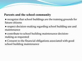 Parents and the school community
● recognize that school buildings are the training grounds for
future citizens
● respect decision-making regarding school building use and
maintenance
● contribute to school building maintenance decision-
making as requested
● Consent to the financial obligations associated with good
school building maintenance
 