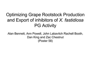 Optimizing Grape Rootstock Production and Export of inhibitors of  X. fastidiosa  PG Activity Alan Bennett, Ann Powell, John Labavitch Rachell Booth, Dan King and Zac Chestnut (Poster 58) 