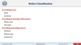 Eng. Yasser Bayoumy 20
Boilers Classification
According to use:
Main
Auxiliary
According to passage of flue gases:
Water tube
Fire tube
According to heating source:
Oil fired
Exhaust gas
Composite
Tuesday, July 14, 2020 Machinery Survey
 