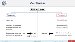 Eng. Yasser Bayoumy 32Tuesday, July 14, 2020
Water Chemistry
Hardness salts
Temporary
Alkaline salts
Hydroxides, Carbonates and
Bicarbonate of calcium and
magnesium
With heating to boiling point it will
decompose and liberating CO2
Permanent
Non-alkaline salts
Chlorides, Sulphates,
Nitrates and Silicates
When heated to the boiling
temperature, will cause acidity
Scales Corrosion
Corrosion
Machinery Survey
 