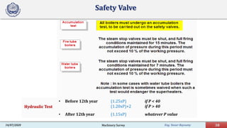 Eng. Yasser Bayoumy 38Machinery Survey14/07/2020
Safety Valve
Hydraulic Test
• Before 12th year (1.25xP) if P < 40
(1.20xP)+2 if P > 40
• After 12th year (1.15xP) whatever P value
 