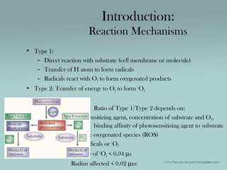 • Type 1:
– Direct reaction with substrate (cell membrane or molecule)
– Transfer of H atom to form radicals
– Radicals react with O2 to form oxygenated products
• Type 2: Transfer of energy to O2 to form 1
O2
Ratio of Type 1/Type 2 depends on:
Photosensitizing agent, concentration of substrate and O2,
binding affinity of photosensitizing agent to substrate
Reactive oxygenated species (ROS)
Free radicals or 1
O2
Half-life of 1
O2 < 0.04 µs
Radius affected < 0.02 µm
Introduction:
Reaction Mechanisms
 