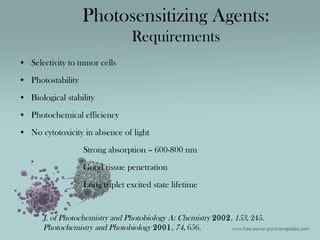 • Selectivity to tumor cells
• Photostability
• Biological stability
• Photochemical efficiency
• No cytotoxicity in absence of light
Strong absorption – 600-800 nm
Good tissue penetration
Long triplet excited state lifetime
Photosensitizing Agents:
Requirements
J. of Photochemistry and Photobiology A: Chemistry 2002, 153, 245.
Photochemistry and Photobiology 2001, 74, 656.
 